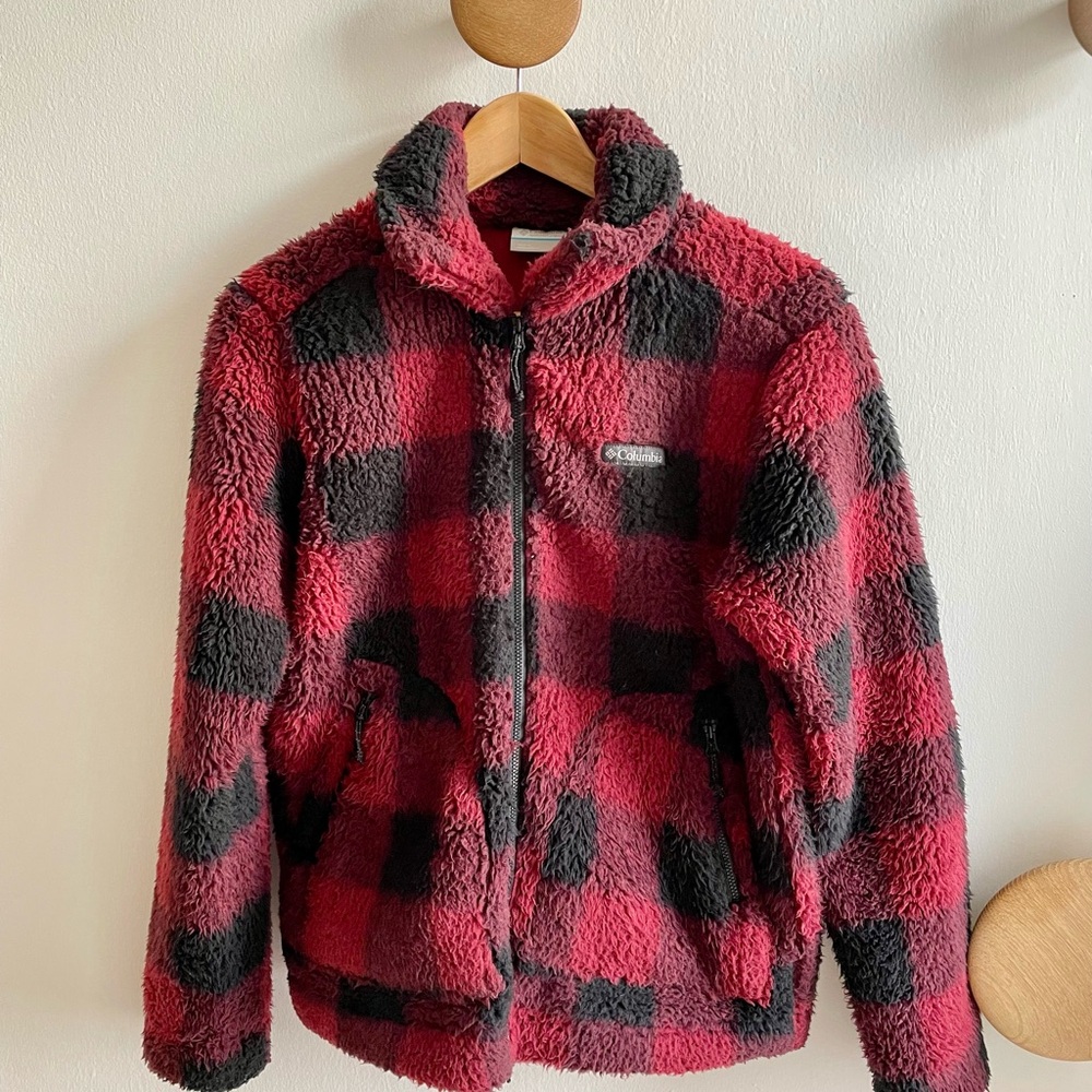 Columbia Women’s XS Sherpa Fleece Jacket – Red/Black Buffalo Plaid